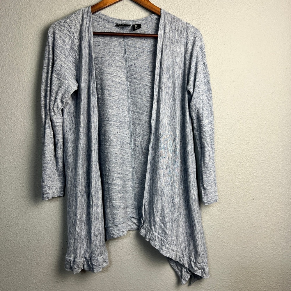 Tahari Linen Cardigan Draped Open Front Waterfall Lightweight Blue Heathered Sm